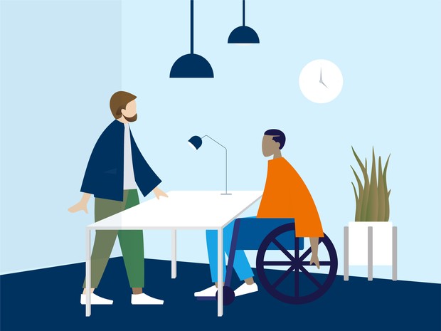 Grafische Darstellung zweier Personen, davon eine in einem Rollstuhl, die sich unterhalten