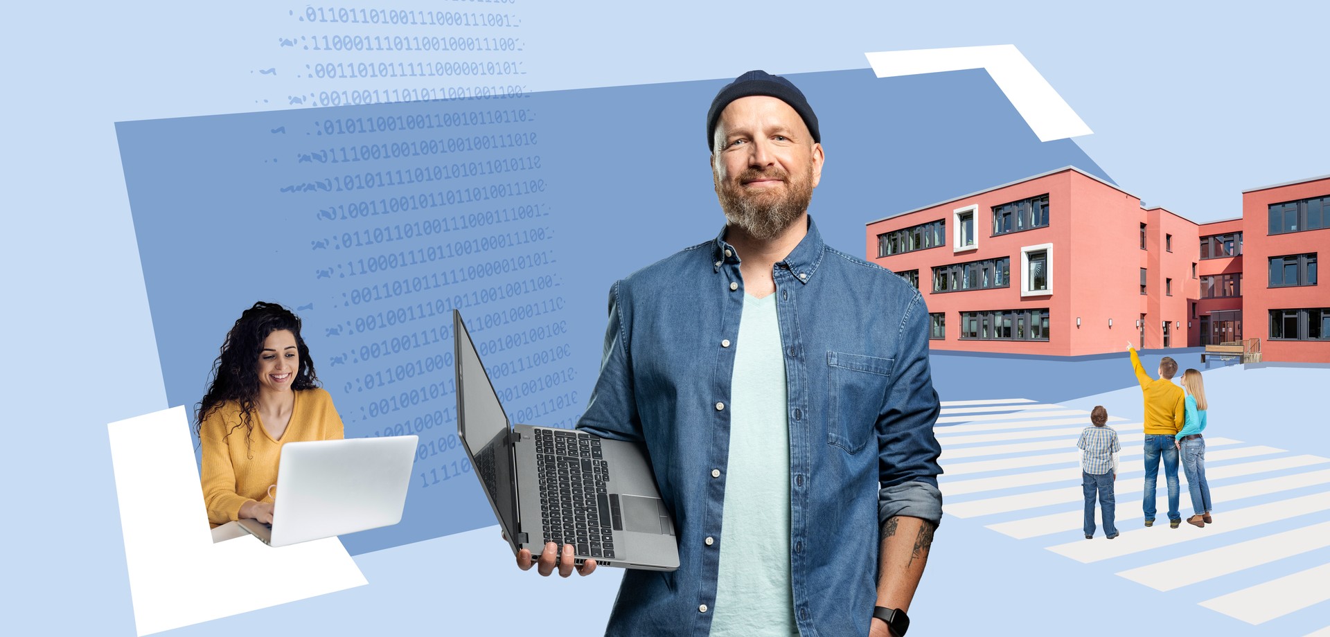 IT-Mitarbeiter mit Laptop im Vordergrund. Binärcode, kleine Familie vor rotem Gebäude und Frau, die am Laptop arbeitet, im Hintergrund.