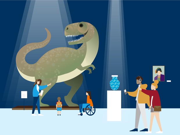 Mehrere Personen mit und ohne Behinderung schauen sich in einem Museum u.a. einen Dinosaurier an