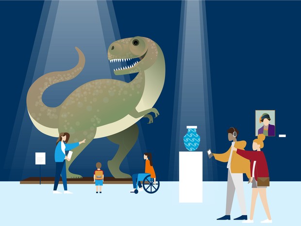 Mehrere Personen mit und ohne Behinderung schauen sich in einem Museum u.a. einen Dinosaurier an Mehrere Personen mit und ohne Behinderung schauen sich in einem Museum u.a. einen Dinosaurier an