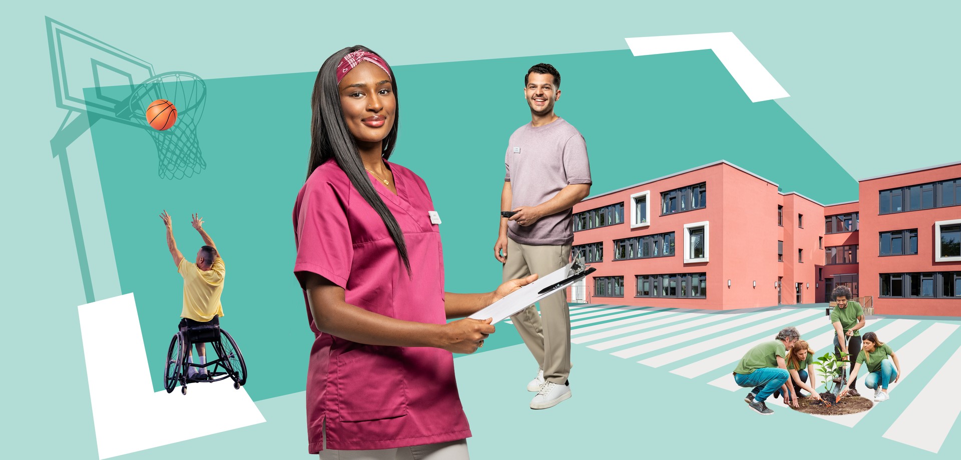Pflegefachfrau in Kasack mit Klemmbrett, Pflegefachmann im Hintergrund vor Schulgebäude, Rollstuhlfahrer beim Basketball, Menschen pflanzen Baum.